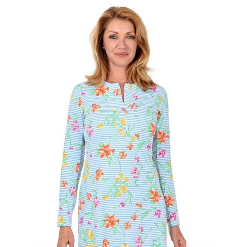 IBKUL Floral Stripe Dress Womens Medium Blue Long Sleeve Excellent Golf Modest